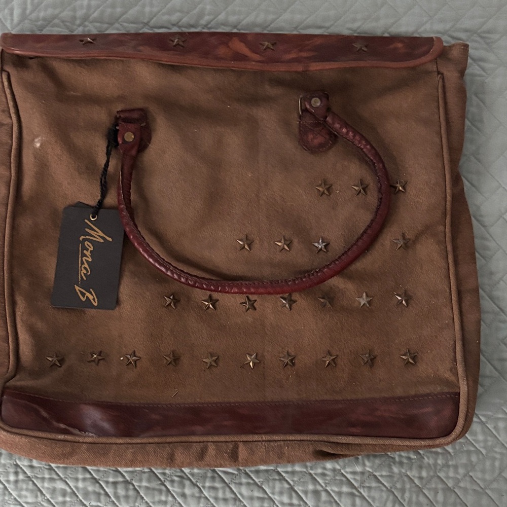 Mona B Brown Canvas Tote with Star Details